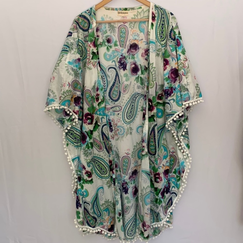LJC Designs Floral Paisley Boho Kimono Beach Coverup Pom Pom Fringe Vacation